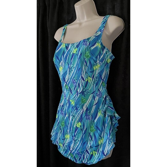 Maxine Of Hollywood Blue Green Tropical Floral Front Skirted Swimsuit 18 READ - Picture 4 of 11